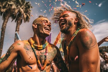 Obraz na płótnie Canvas Confetti raining onto a gay couple with gay flag , rainbow flag ,laughing and having fun at a festival Generative AI