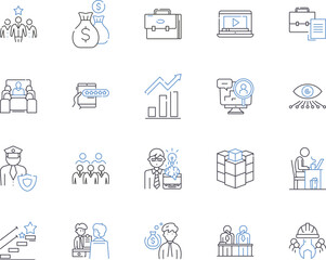 Career and management outline icons collection. Career, Management, Professional, Job, Employment, Advancement, Success vector and illustration concept set. Resume, Networking, Industry linear signs