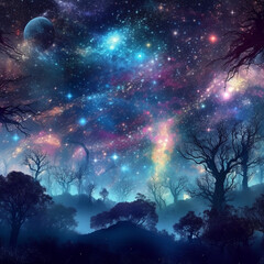 Fototapeta premium A sky full of stars in the night. A never-ending dream in a night landscape with colorful starry nebula. Mist and mystery in the trees. Celestial wonder