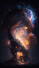 AI Generated vertical poster of a magical epic tree inside which there is warm fairytale home, in a cosmos nebula. Space art illustration with a fabulous starry sky in a mythical fairy tale night	
 - obrazy, fototapety, plakaty