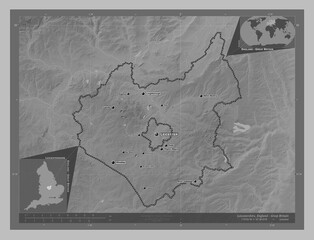 Leicestershire, England - Great Britain. Grayscale. Labelled points of cities