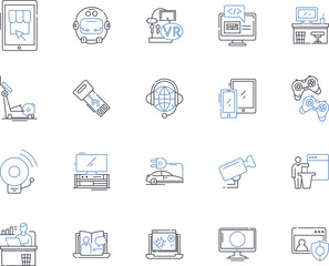 Electronic production outline icons collection. Electronics, Production, Manufacturing, Assembly, Design, PCB, Soldering vector and illustration concept set. Automation, Testing, CNC linear signs