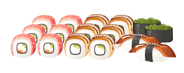 Set of sushi roll food delivery service menu vector illustration on white background