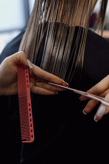 Unrecognizable hairdresser snipping off ends of long wet hair of client with scissors, holding comb...