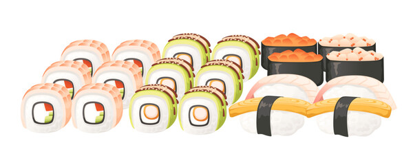 Set of sushi roll food delivery service menu vector illustration on white background