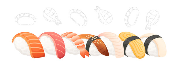 Set of sushi roll food delivery service menu vector illustration on white background