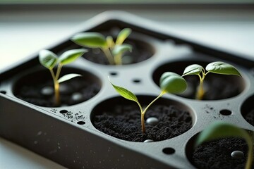 Early seedlings that were raised from seeds in boxes on the windowsill at home. Trays with a black hole for planting seedlings for agriculture. planting in spring. Generative AI