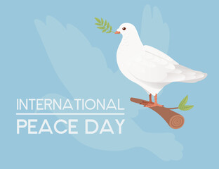 Fototapeta na wymiar International peace day sign with white pigeon bird and green leaves vector illustration