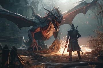 An epic battle between a knight and a dragon. AI generated, human enhanced - obrazy, fototapety, plakaty