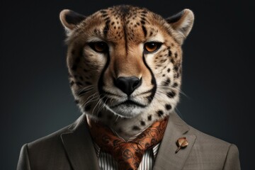 Anthropomorphic cheetah dressed in a business suit like a boss. AI generated, human enhanced