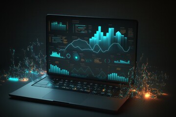 Laptop with analytical data visualization. AI generated, human enhanced