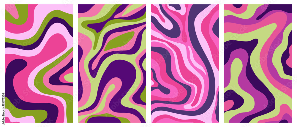 Wall mural set of groowy hippie posters in 60s,70s style. trendy abstract vertical retro backgrounds with waves