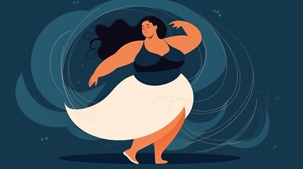 A woman with realistic body type dancing joyfully. Real is Beautiful concept illustration. Generative AI. 