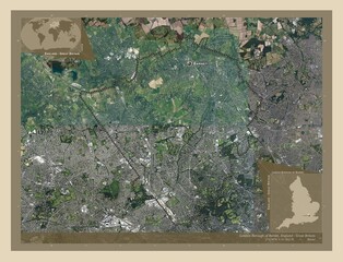 London Borough of Barnet, England - Great Britain. High-res satellite. Labelled points of cities