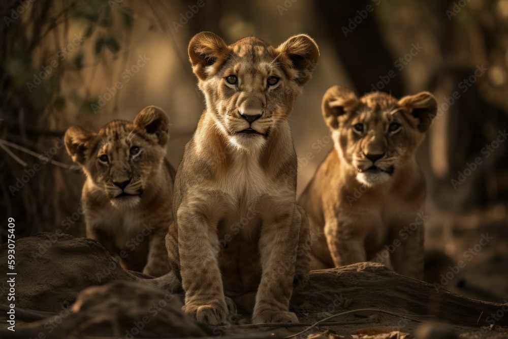 Wall mural Pride of lions in nature. AI generated, human enhanced