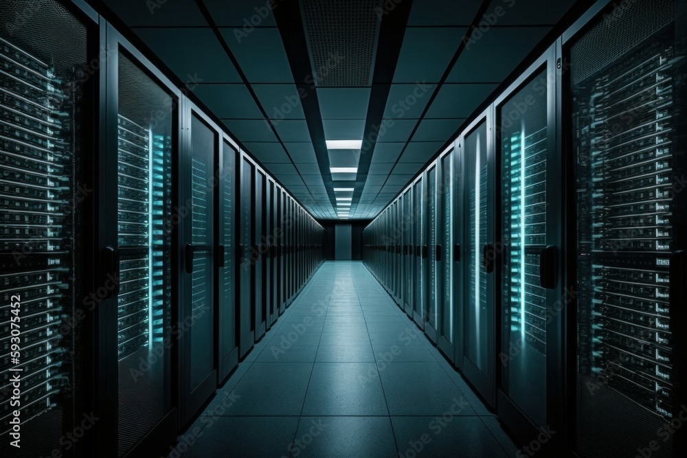 Poster modern data center with computer servers. ai generated, human enhanced.