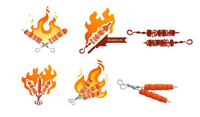 Set of roasted kebab on skewer with fire bbq grilled food vector illustration on white background