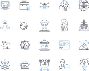 Production workflow outline icons collection. Manufacture, Process, Logistics, Assembly, Management, Planning, Optimization vector and illustration concept set. QC, Control, Automation linear signs