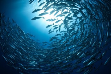 School of fish swimming under water of sea. School sardinella fish swims in underwater. AI generated, human enhanced - obrazy, fototapety, plakaty
