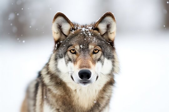Image of a gray wolf on a white background with snowflakes on its muzzle. Generative AI