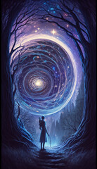 AI generated illustration of an elf that is standing in between two trees with swirl spirals in the starry cosmic night, poster of space fantasy fiction art. A galactic esoteric swirling dreamcatcher