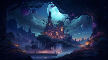 Fototapeta na wymiar Magic cartoon castle in the night with moonlight. Epic scene and legendary background with big moon. Ai horizontal illustration of fantasy landscape. Wallpaper poster for desktop and display