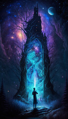 AI illustration of a fable scenery, magic huge tall passage and moon in a magical night sky. A mystical wizard in a fantasy gothic tale. Vertical colourful poster with fairytale night for display 