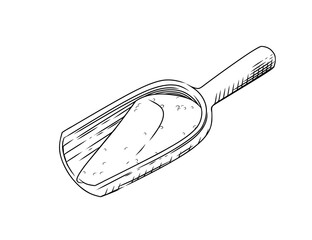 Outline sketch of wooden shovel with flour vector illustration on white background