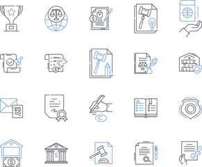 Law outline icons collection. Lawyer, Attorney, Judgement, Regulations, Punishment, Litigation, Contract vector and illustration concept set. Appeal, Dispute, Rights linear signs