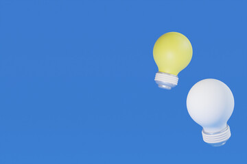 A striking yellow bulb hovered over a white bulb. Leadership concept with outstanding abilities and ideas. Best choice. 3D illustration.