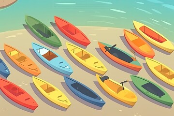 small boats resting on a sandy beach. Generative AI