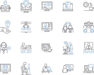 Corporation teamwork outline icons collection. Cooperation, Collaboration, Synergy, Synchronization, Coordination, Groupwork, Collectiveness vector and illustration concept set. Jasmine, Alliance