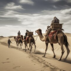 Camel caravan going through the desert ai generative illustration