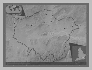 London, England - Great Britain. Grayscale. Labelled points of cities