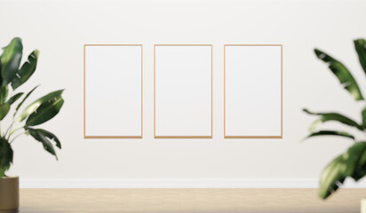 Mockup of a generic room with white wall, wooden floor, empty picture frames and a plant, 3d rendering. Template and background of a living room or a hall with copy space