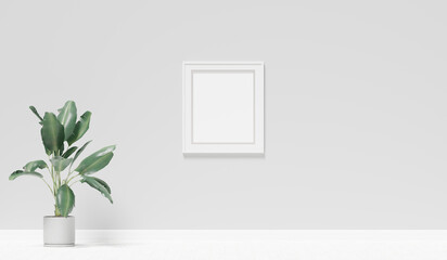 Mockup of a generic room with grey wall, white floor, empty picture frame and a plant, 3d rendering. Template and background of a living room or a hall with copy space