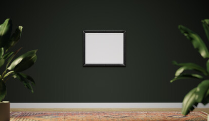 Mockup of a cozy room with dark green wall, wooden floor, empty picture frame and a plant, 3d rendering. Template and background of a living room or a hall with copy space