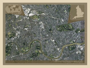 London Borough of Hammersmith and Fulham, England - Great Britain. High-res satellite. Labelled points of cities