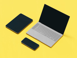 A generic laptop, tablet and phone on yellow backdrop, 3d rendering. Digital devices, synchronization and modern technologies illustration