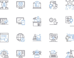 Working team outline icons collection. Collaborative, Unit, Cooperative, Productive, Efficient, Effective, Unified vector and illustration concept set. Group, Members, Professional linear signs