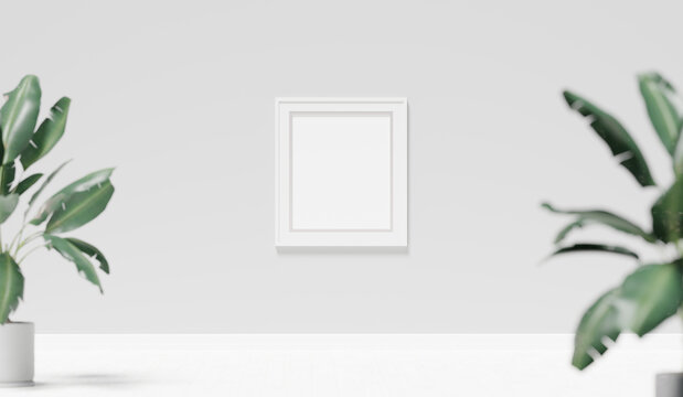 Mockup Of A Generic Room With Grey Wall, White Floor, Empty Picture Frame And A Plant, 3d Rendering. Template And Background Of A Living Room Or A Hall With Copy Space