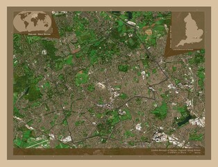 London Borough of Harrow, England - Great Britain. Low-res satellite. Labelled points of cities