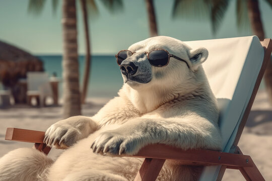 Oso polar con gafas de sol sentado en una hamaca tomando el sol en la playa con palmeras.IA generativa.