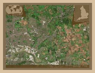 London Borough of Havering, England - Great Britain. Low-res satellite. Labelled points of cities