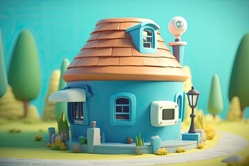 cozy blue house with a charming red roof. Generative AI