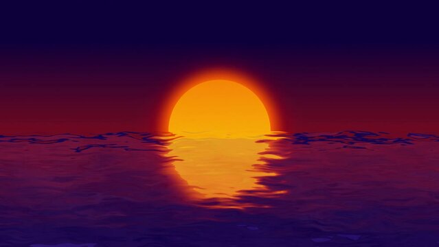 Seamless sunset on sea beach at evening cartoon style retro animation. Vintage looped video of orange sun over water reflects on sea waves surface