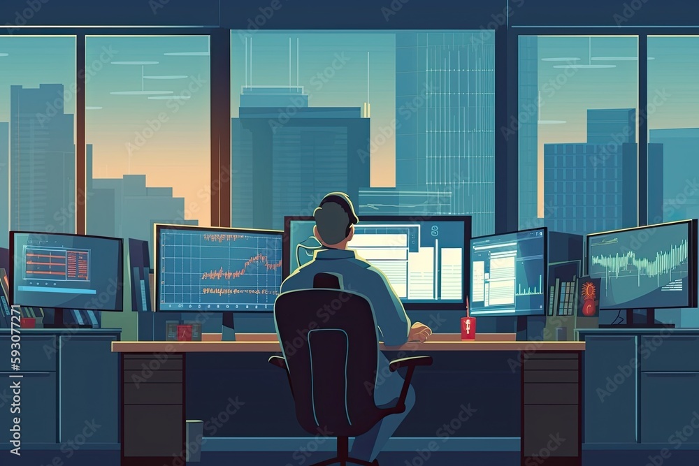 Poster person working at a multi-screen computer setup. generative ai