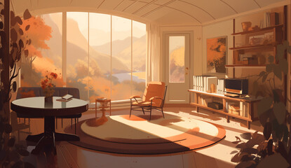 AI living room with panoramic window overlooking a hilly landscape with a river, armchair a carpet and furniture, concept art, soft autumn sunlight, stylized digital illustration, serene illustration