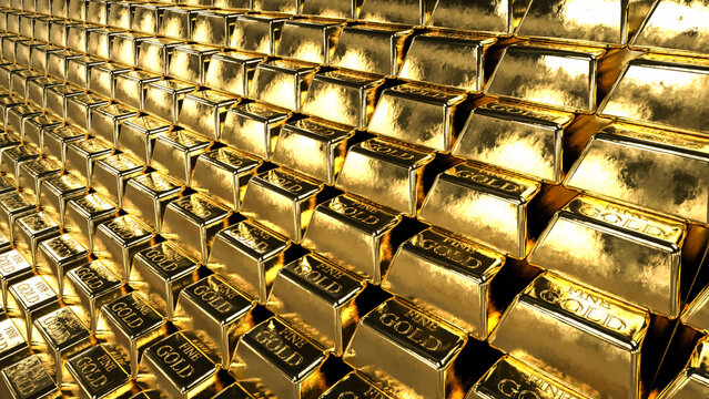 Gold Stack. Beautiful 3D illustration rendering gold bar on stacks of gold bullions-Banking finance concept background 