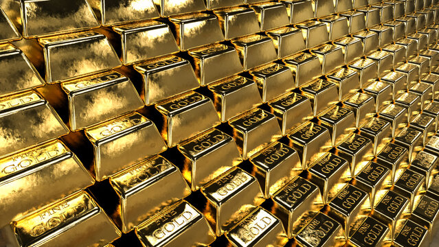 Gold Stack. Beautiful 3D illustration rendering gold bar on stacks of gold bullions-Banking finance concept background 